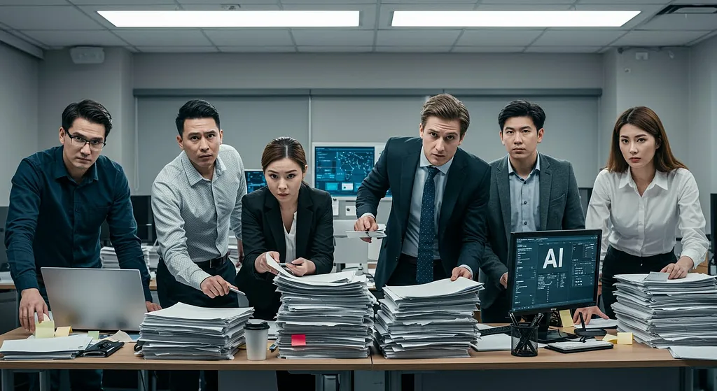 Image 1. A focused team analyzing data and documents in an office environment, with AI-driven insights on the screen. Credit: Vertex.