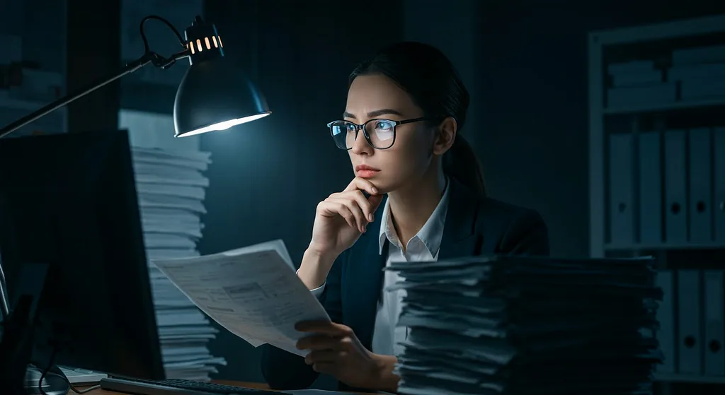 Image 2: A professional working a late at night, reviewing documents under a desk lamp, showing the cognitive load and mental effort required when adapting to new AI systems in the workplace. Credit: Vertex