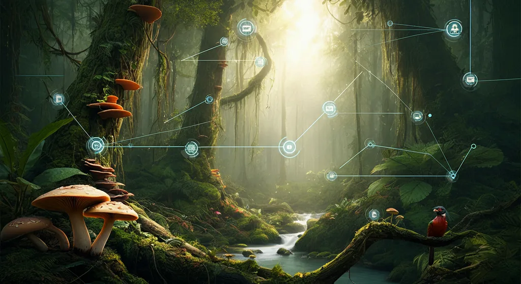 “A lush rainforest filled with diverse, interconnected elements: tall trees, vines, fungi, and small streams. Highlight the symbiotic relationships, such as mushrooms growing at the base of a tree and a bird nesting on a branch. Use soft, natural lighting filtering through the canopy to evoke a sense of balance and interdependence. Include subtle overlays of digital connections (like faint glowing lines) to link the metaphor to modern organizations and AI.”